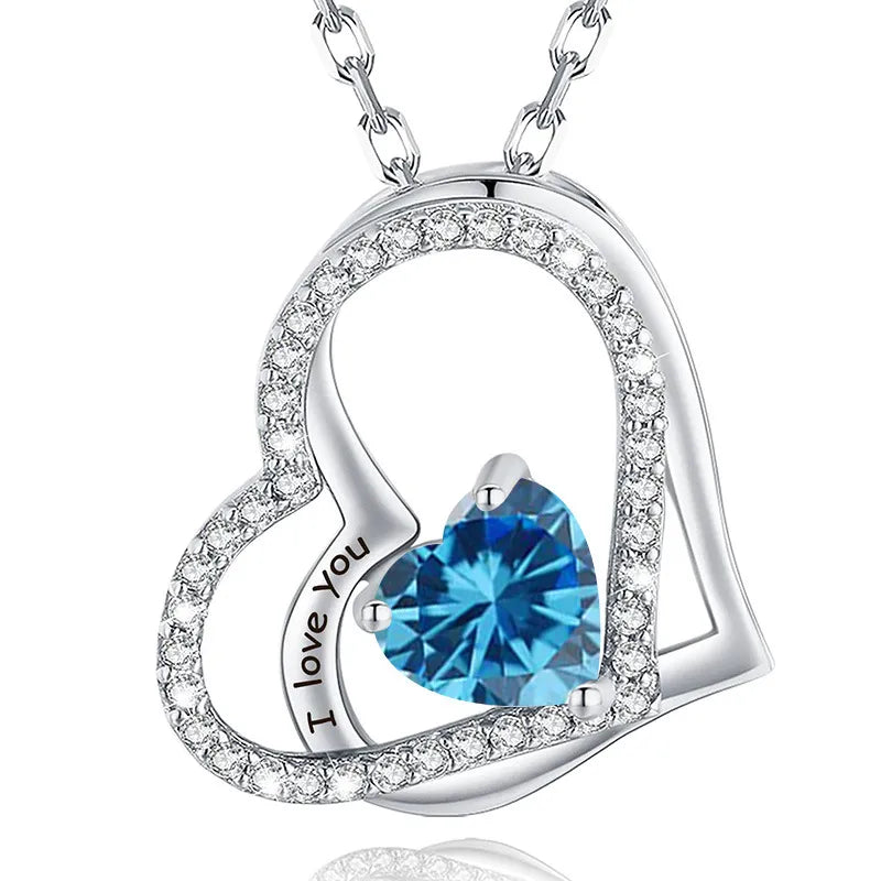 925 Sterling Silver Birthstone Slanted Double Heart Necklace