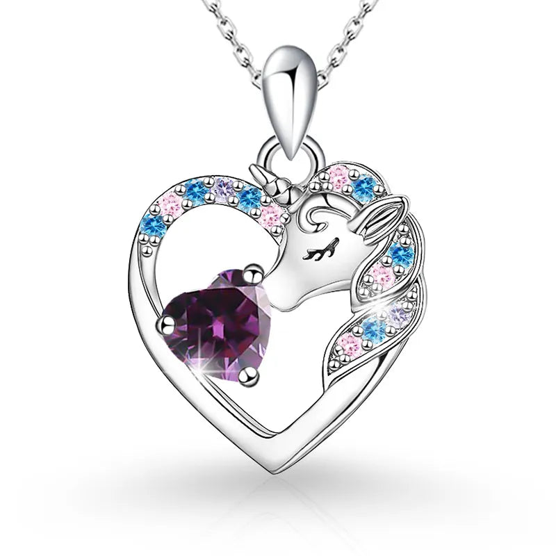 925 Sterling Silver Birthstone Necklace with Unicorn Heart Pendant