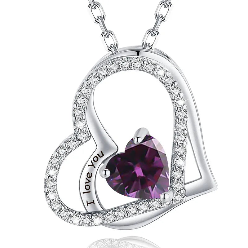 925 Sterling Silver Birthstone Slanted Double Heart Necklace