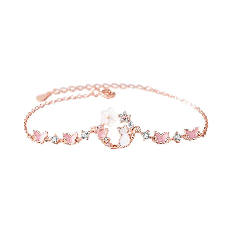 925 Sterling Silver Flower Bracelet with Butterfly and Cat Motifs