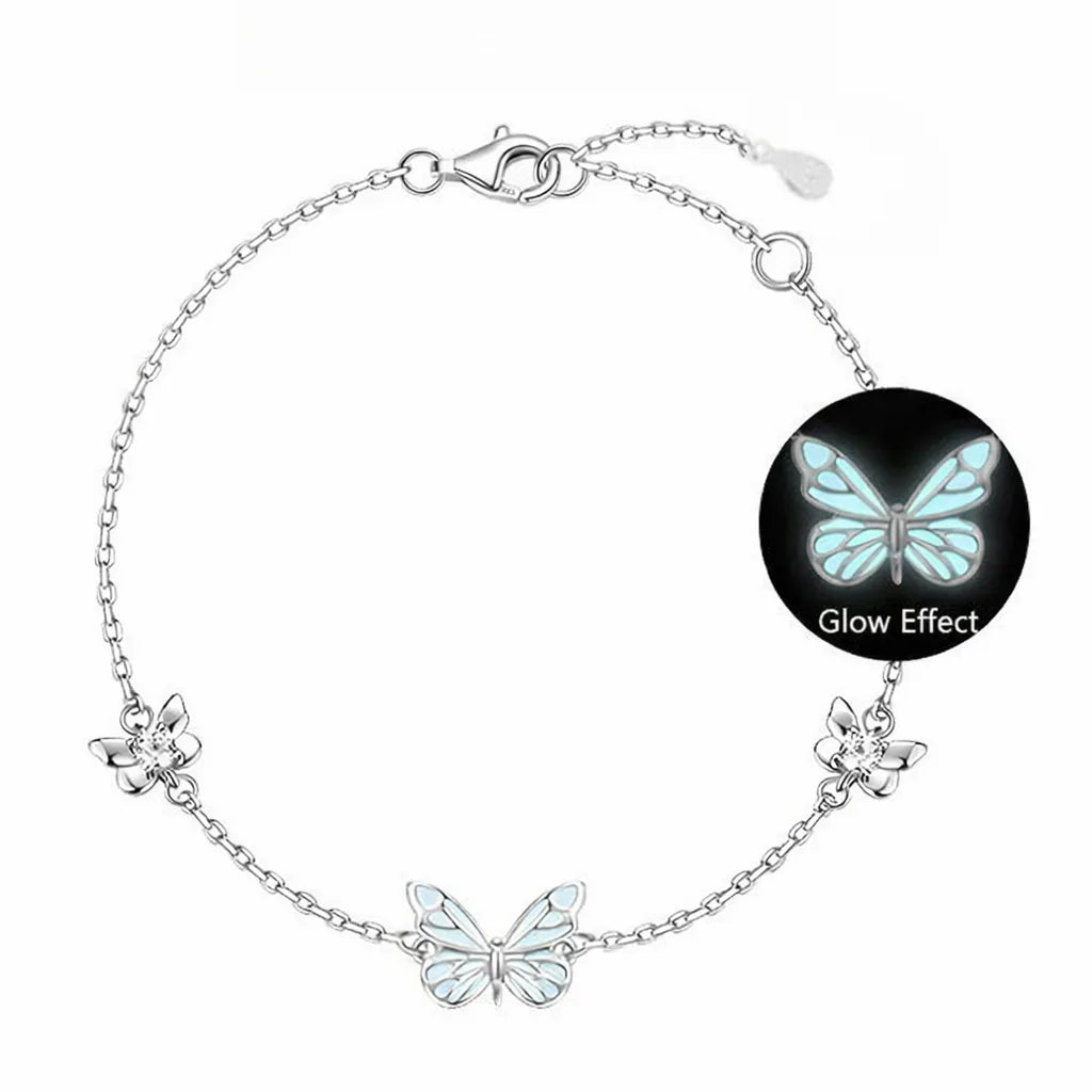 925 Sterling Silver Glow in the Dark Butterfly Bracelet Adjustable