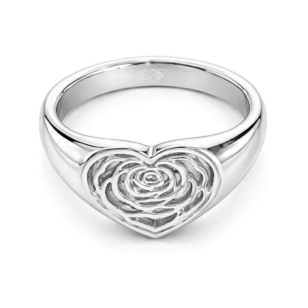 925 Sterling Silver Heart Ring with Engraved Rose