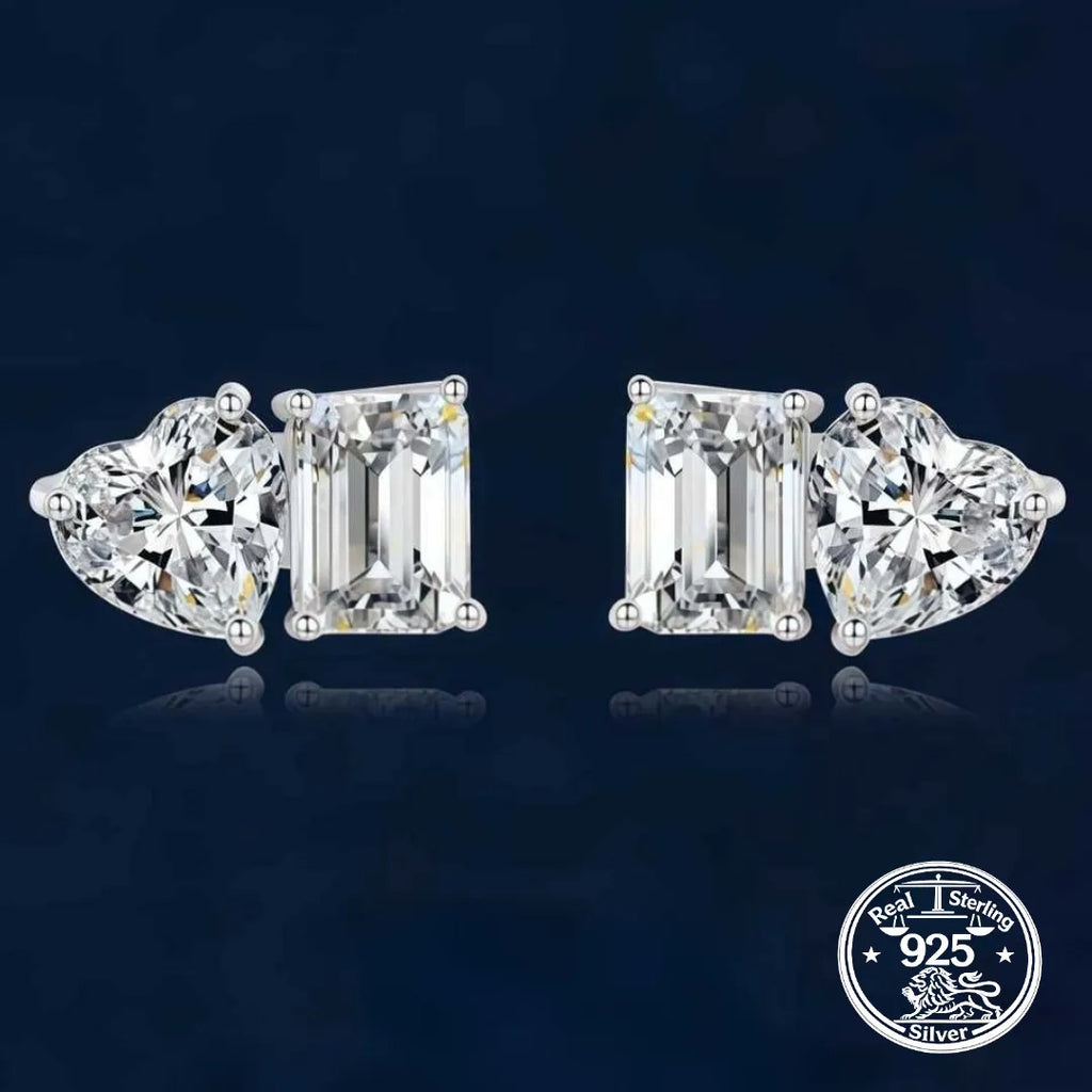 Sterling Silver Heart Stud Earrings With Rectangular Stone Detail