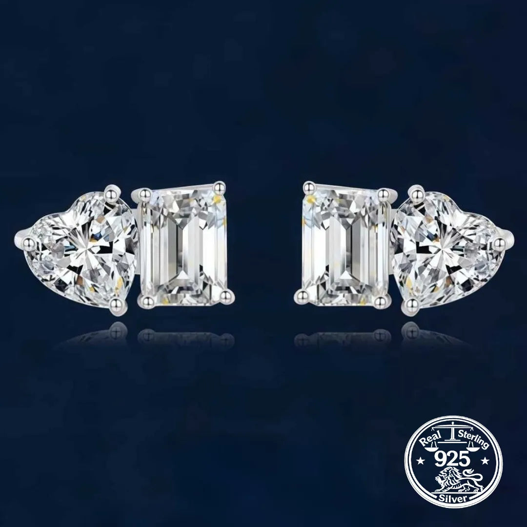 Sterling Silver Heart Stud Earrings With Rectangular Stone Detail