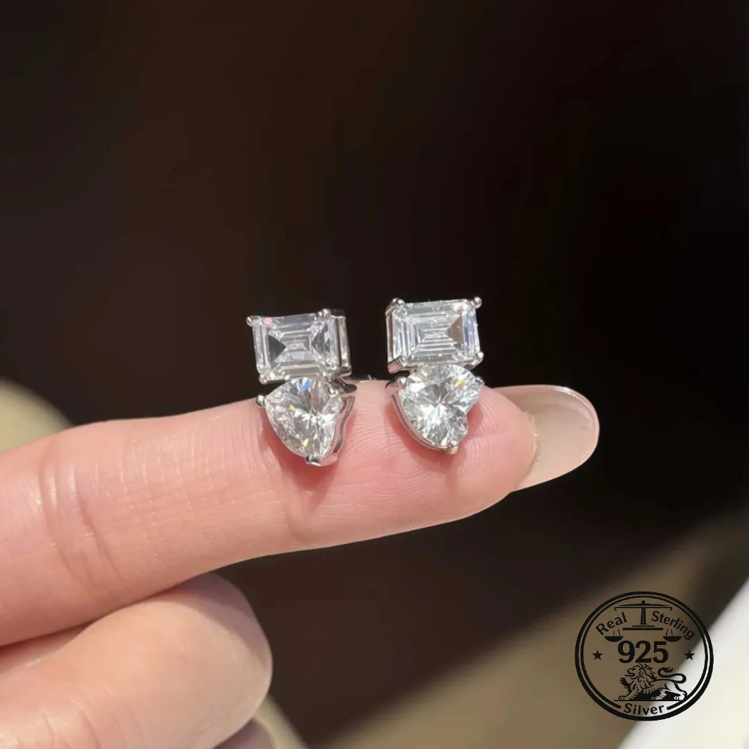 Sterling Silver Heart Stud Earrings With Rectangular Stone Detail