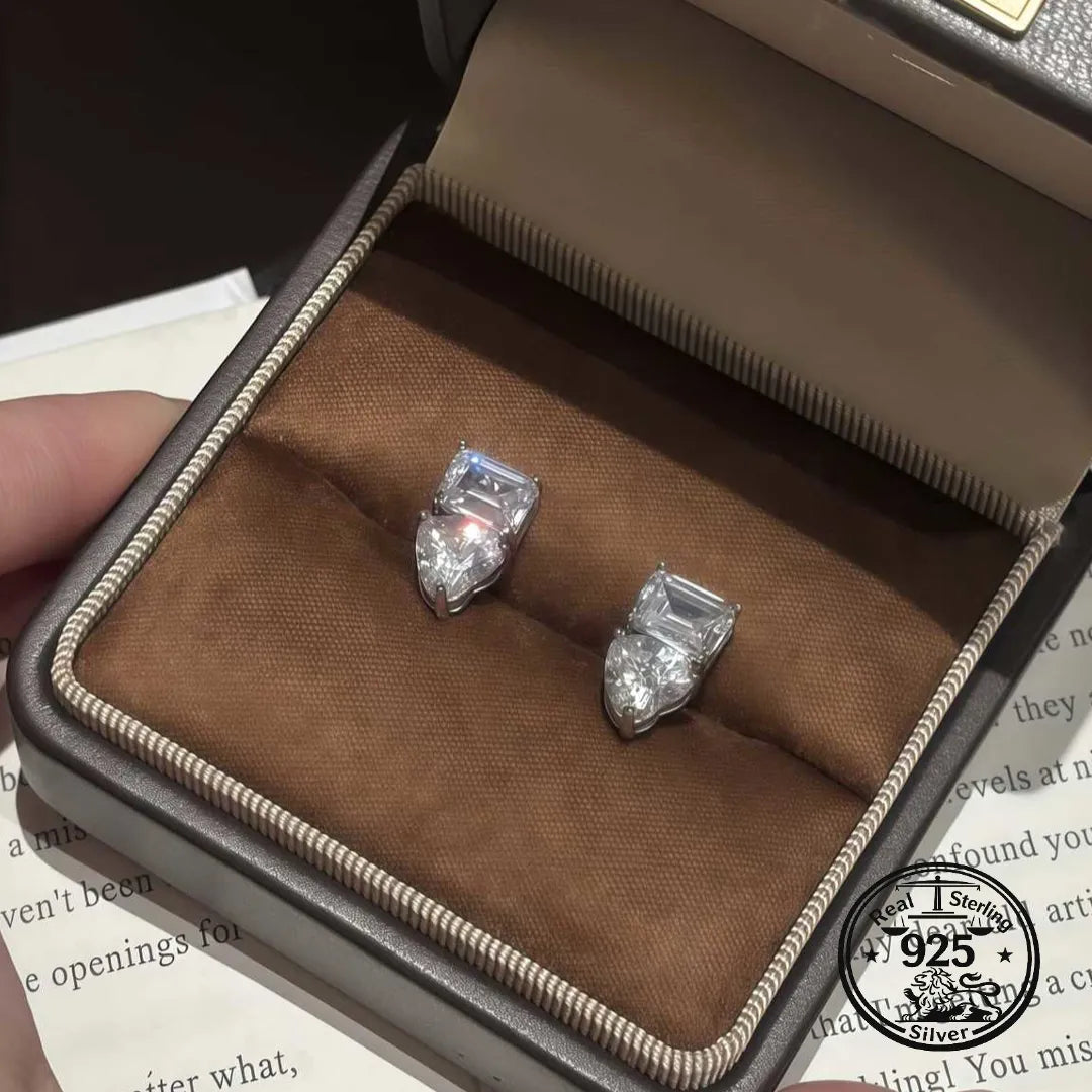 Sterling Silver Heart Stud Earrings With Rectangular Stone Detail
