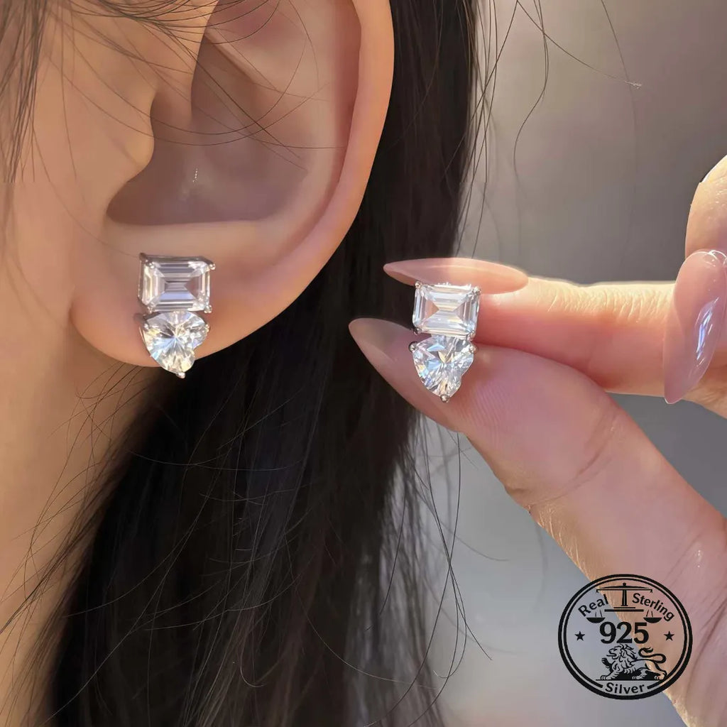 Sterling Silver Heart Stud Earrings With Rectangular Stone Detail