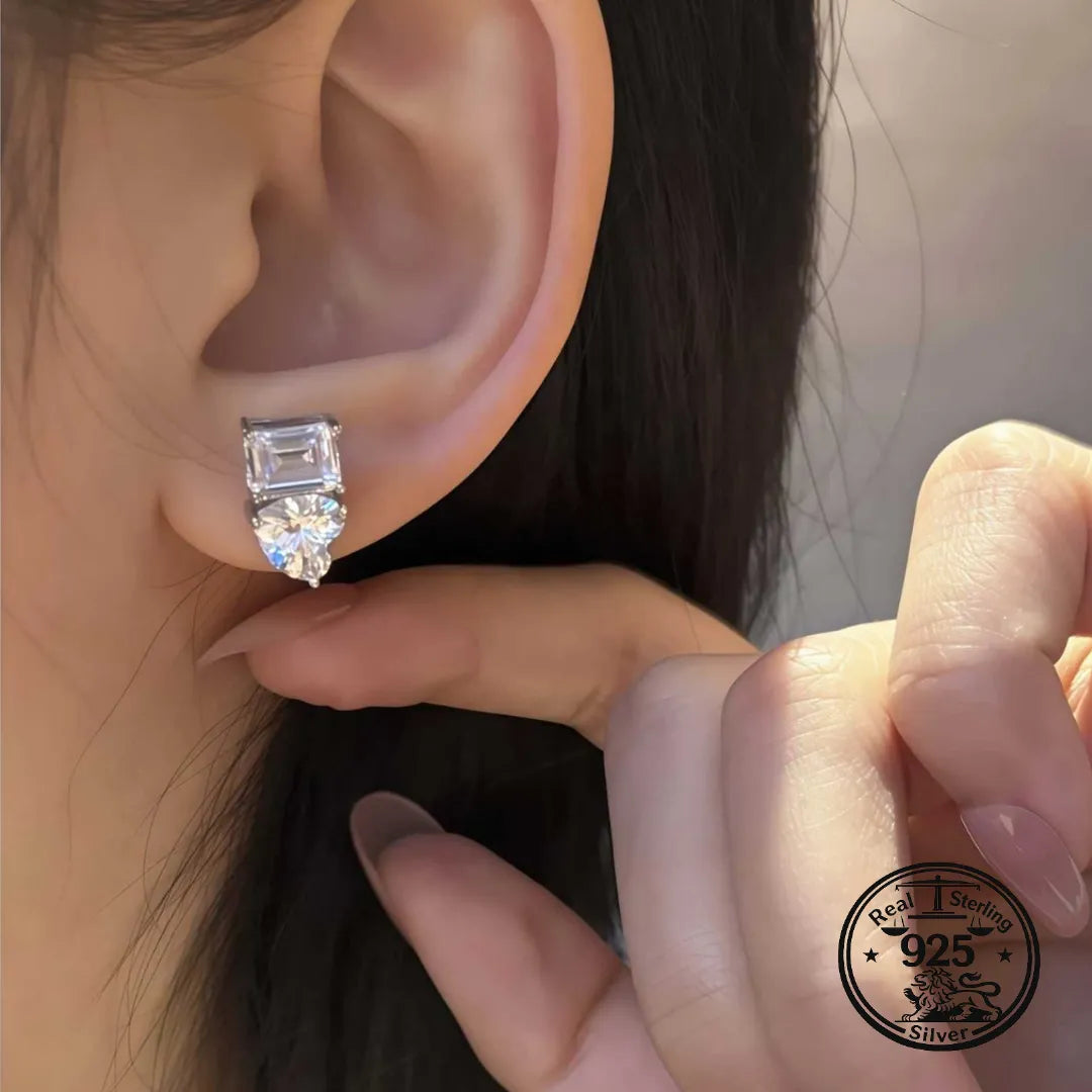 Sterling Silver Heart Stud Earrings With Rectangular Stone Detail