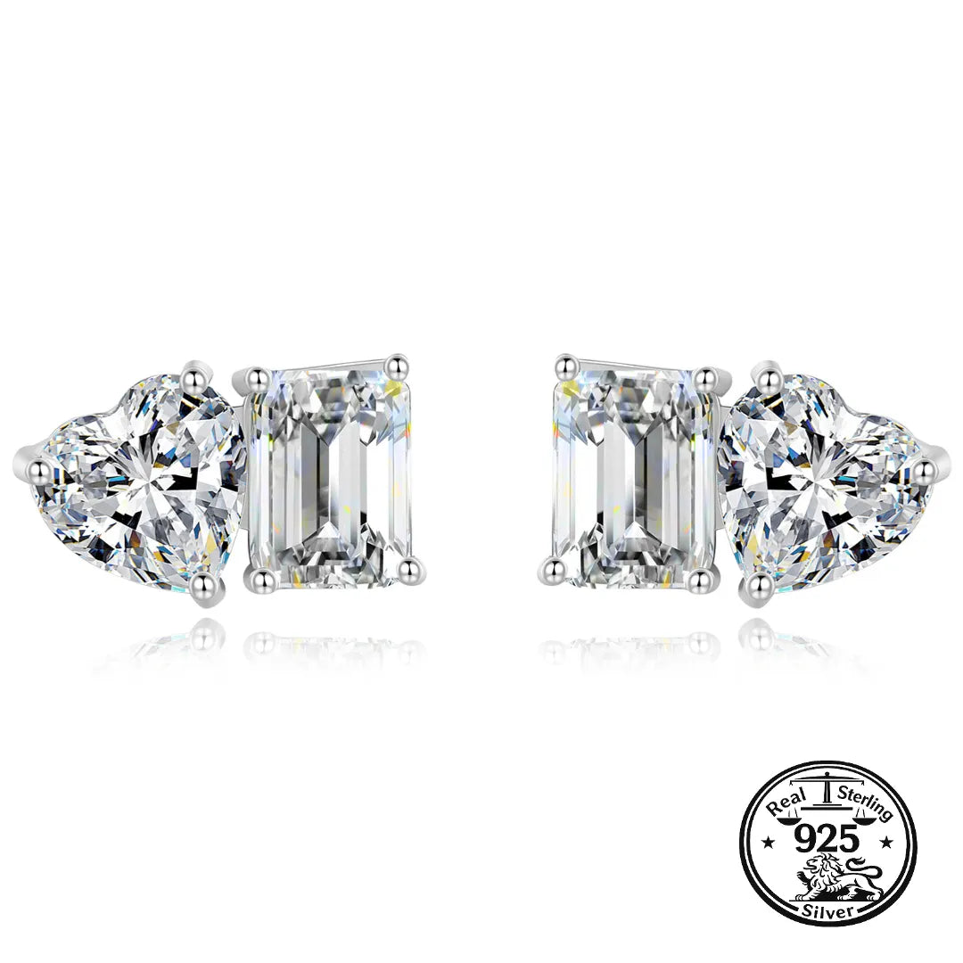 Sterling Silver Heart Stud Earrings With Rectangular Stone Detail