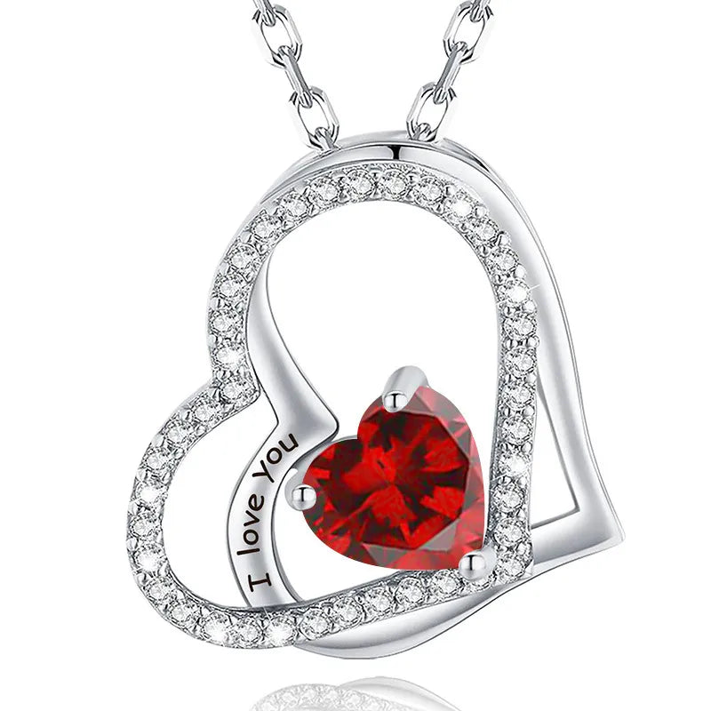 925 Sterling Silver Birthstone Slanted Double Heart Necklace