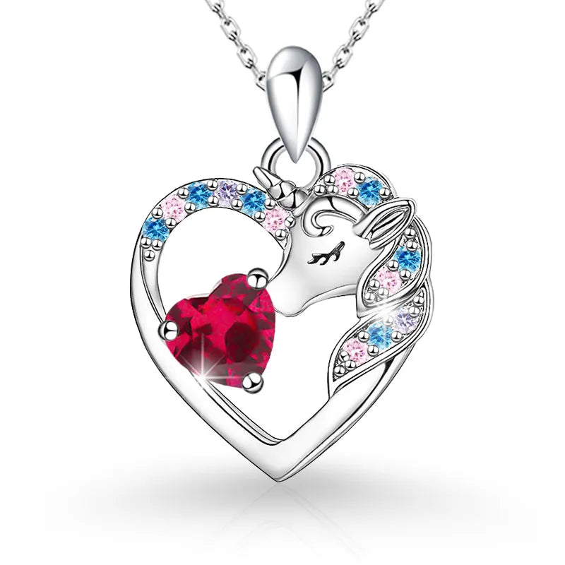 925 Sterling Silver Birthstone Necklace with Unicorn Heart Pendant