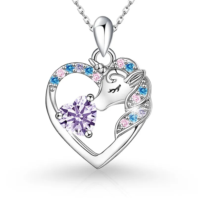 925 Sterling Silver Birthstone Necklace with Unicorn Heart Pendant