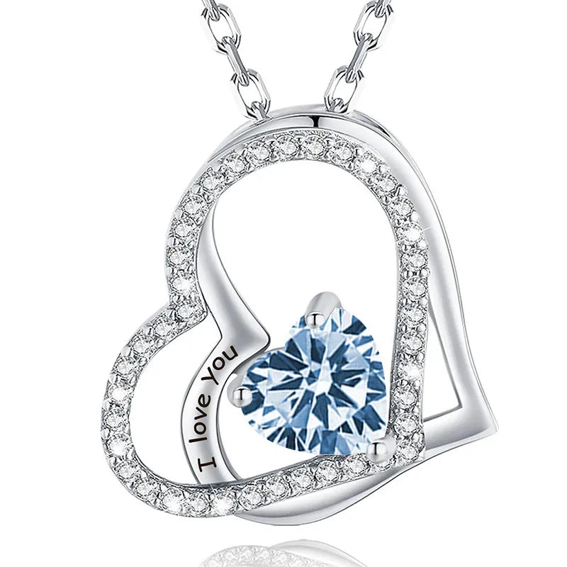 925 Sterling Silver Birthstone Slanted Double Heart Necklace