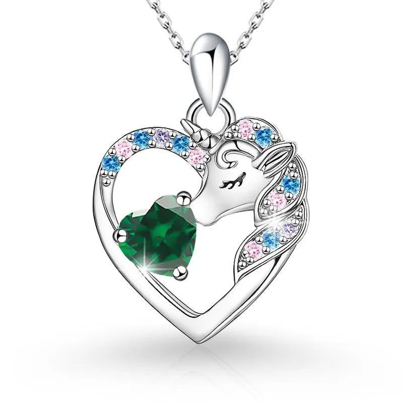 925 Sterling Silver Birthstone Necklace with Unicorn Heart Pendant