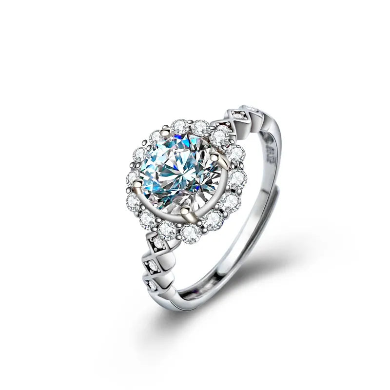 925 Sterling Silver Moissanite Ring 1 Carat Adjustable Halo Ring