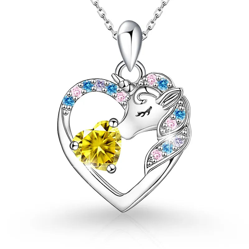 925 Sterling Silver Birthstone Necklace with Unicorn Heart Pendant