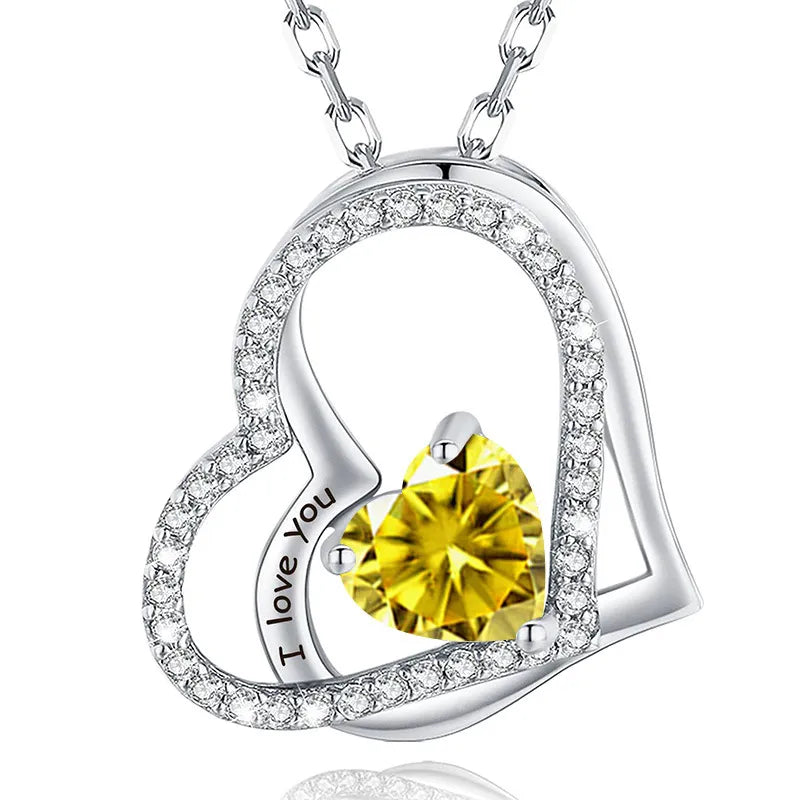 925 Sterling Silver Birthstone Slanted Double Heart Necklace