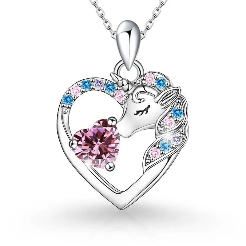 925 Sterling Silver Birthstone Necklace with Unicorn Heart Pendant