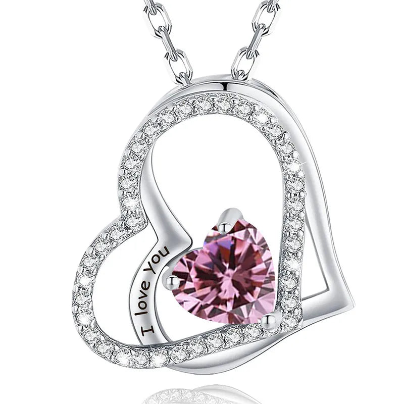 925 Sterling Silver Birthstone Slanted Double Heart Necklace