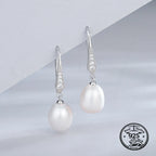 925 Sterling Silver Pave Hook Pearl Drop Earrings