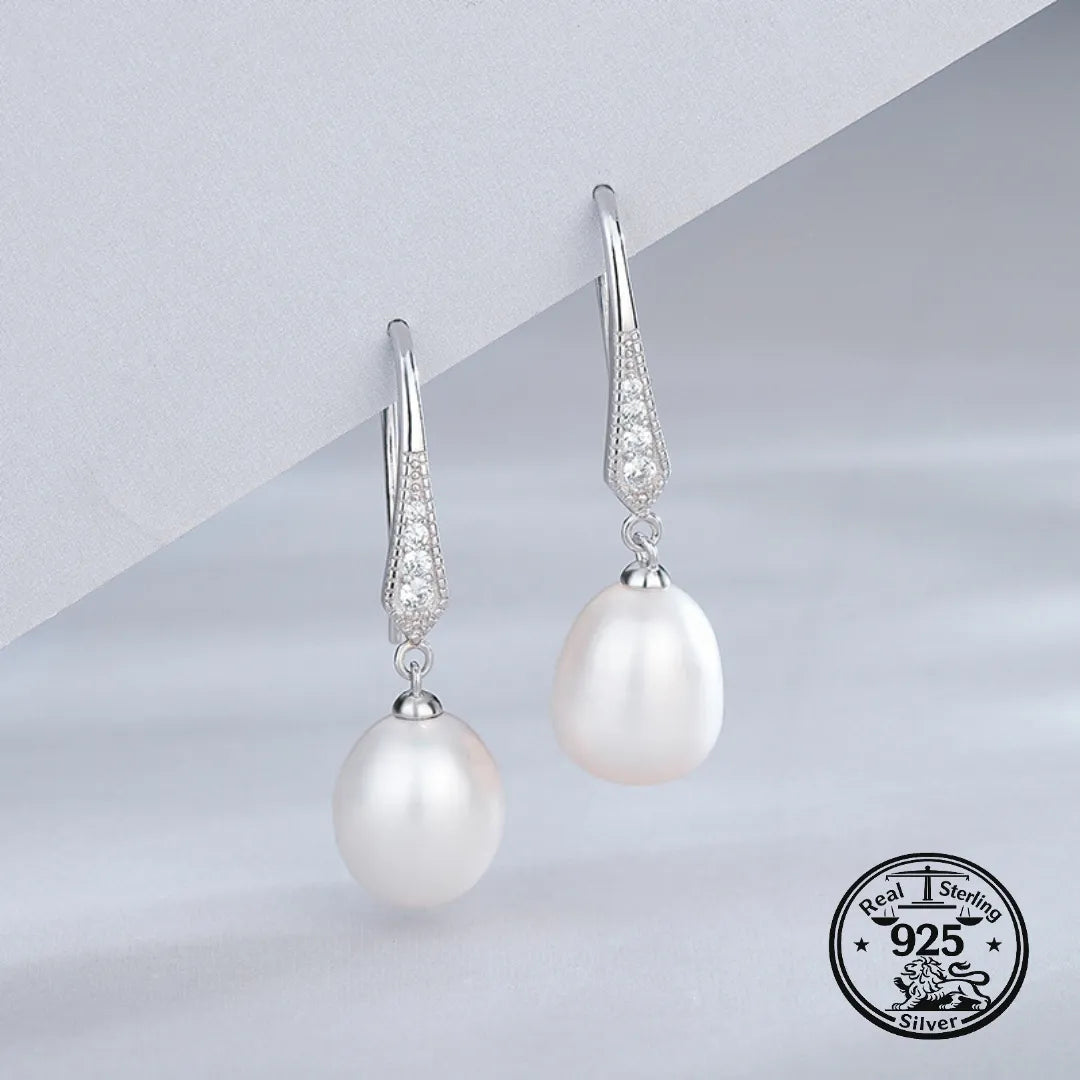 925 Sterling Silver Pave Hook Pearl Drop Earrings