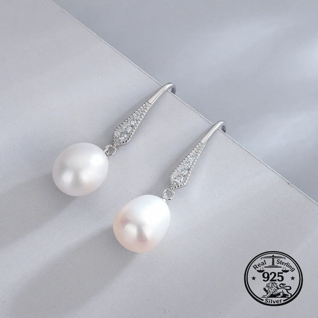 925 Sterling Silver Pave Hook Pearl Drop Earrings