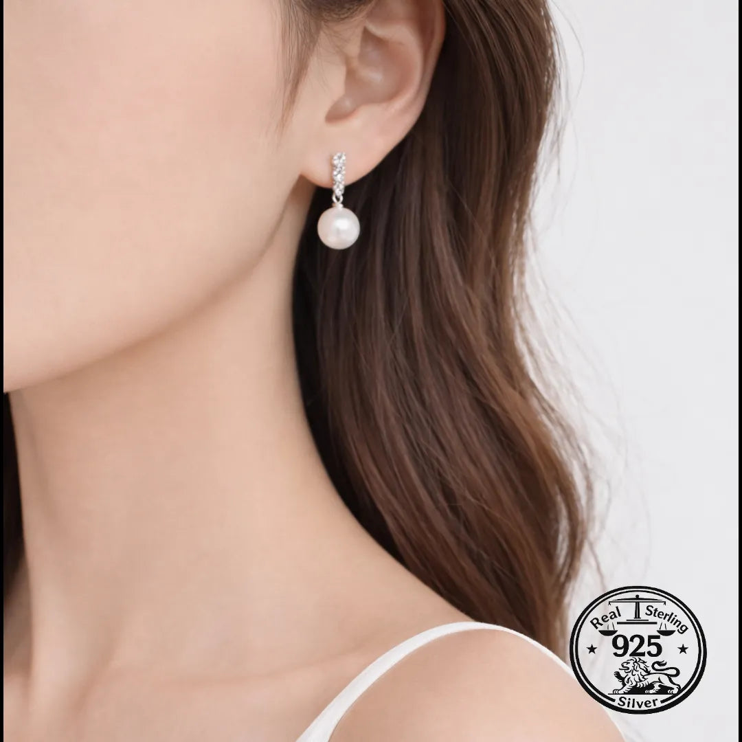 925 Sterling Silver Pave Hook Pearl Drop Earrings