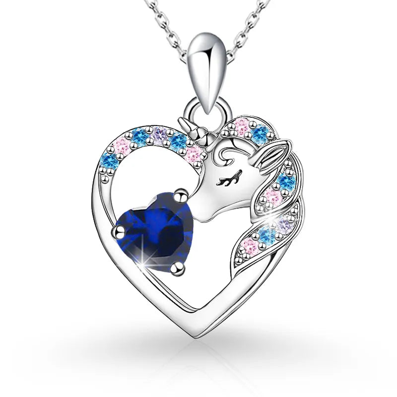 925 Sterling Silver Birthstone Necklace with Unicorn Heart Pendant