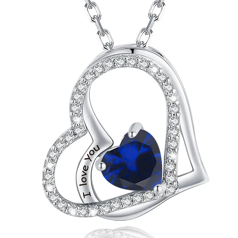 925 Sterling Silver Birthstone Slanted Double Heart Necklace