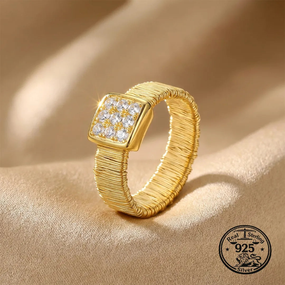 925 Sterling Silver Woven Wide Band Ring with Square Cubic Zirconia Detail