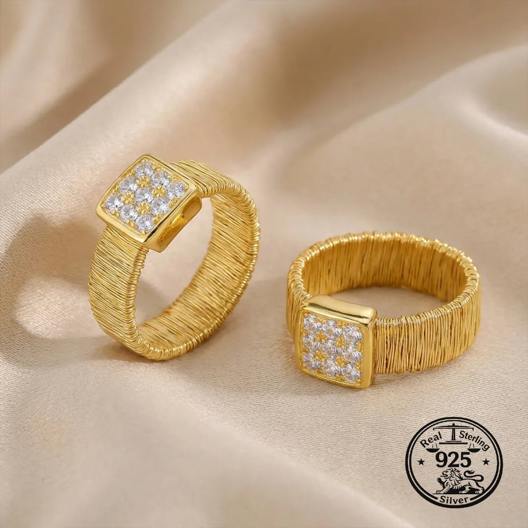 925 Sterling Silver Woven Wide Band Ring with Square Cubic Zirconia Detail
