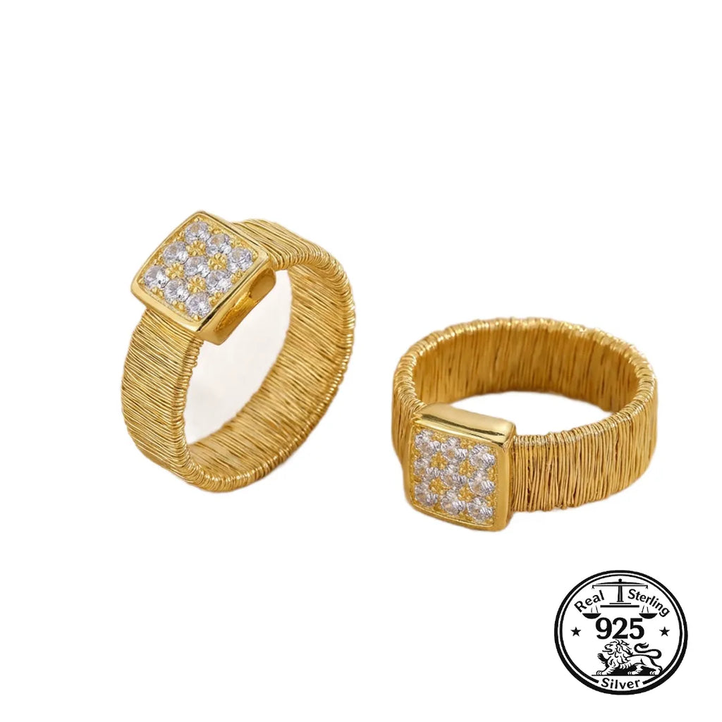 925 Sterling Silver Woven Wide Band Ring with Square Cubic Zirconia Detail