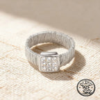 925 Sterling Silver Woven Wide Band Ring with Square Cubic Zirconia Detail
