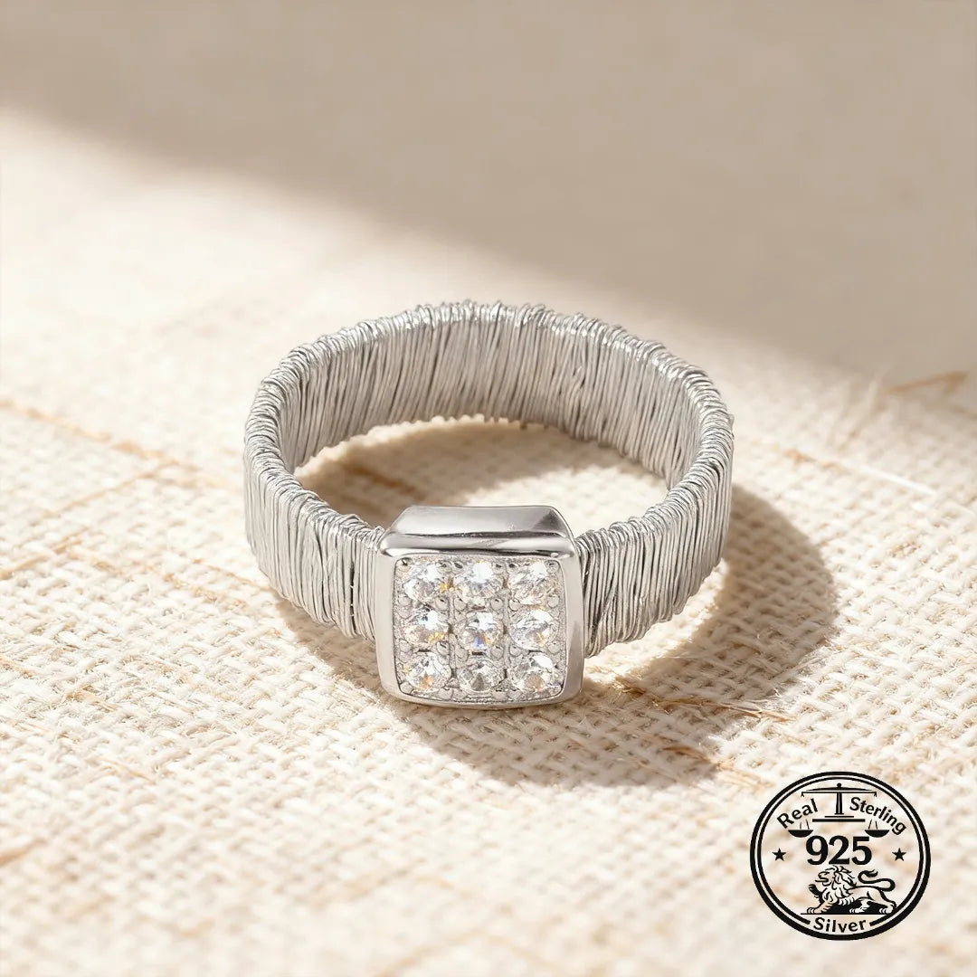 925 Sterling Silver Woven Wide Band Ring with Square Cubic Zirconia Detail