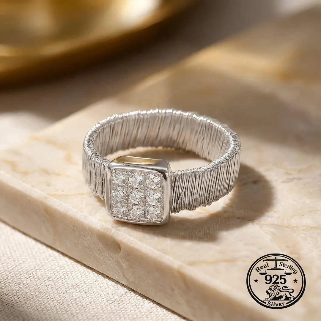 925 Sterling Silver Woven Wide Band Ring with Square Cubic Zirconia Detail