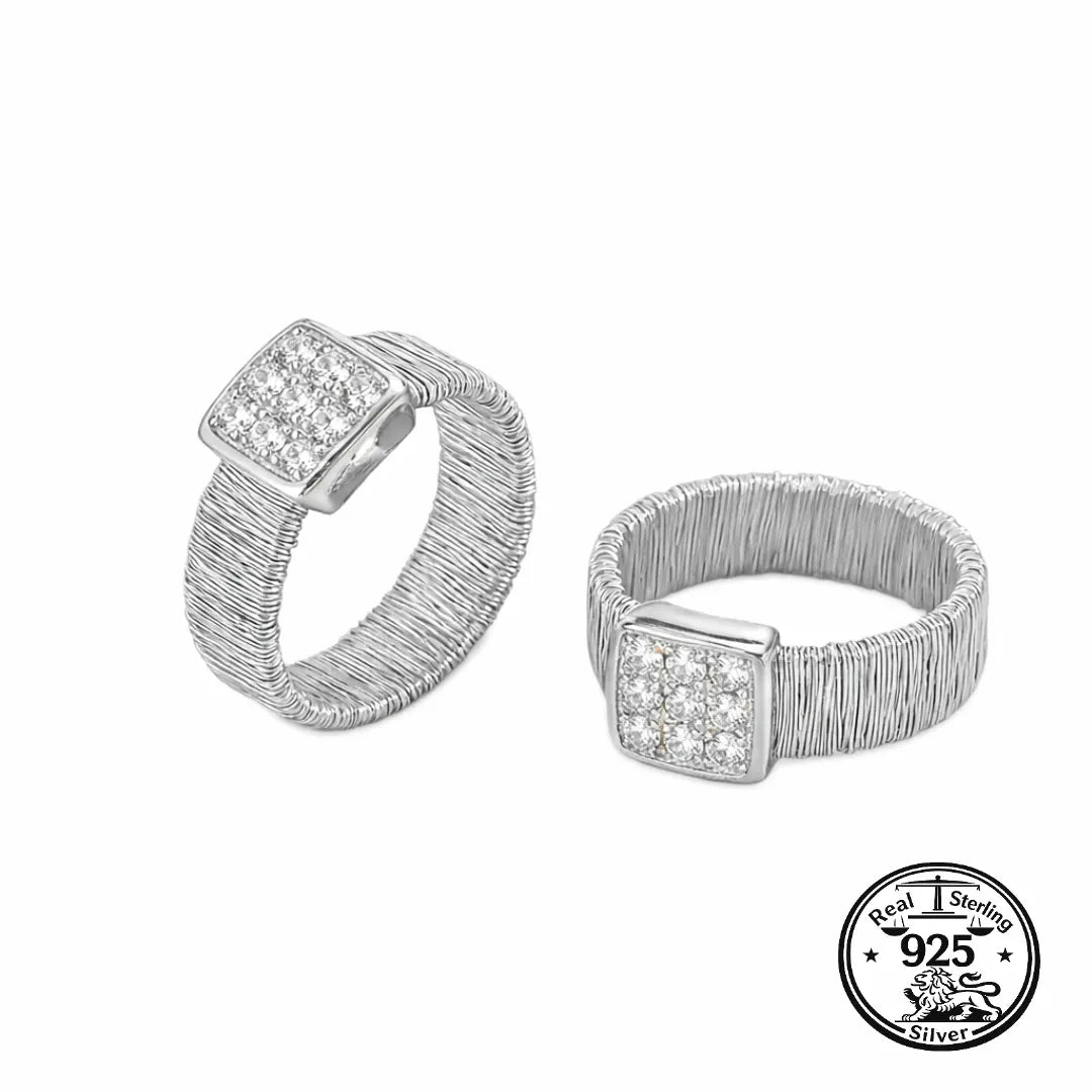925 Sterling Silver Woven Wide Band Ring with Square Cubic Zirconia Detail