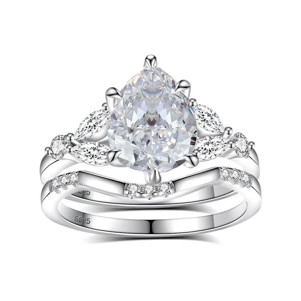 Crown Ring Set 925 Sterling Silver 2 Carat Pear Cut Cubic Zirconia Wide Band