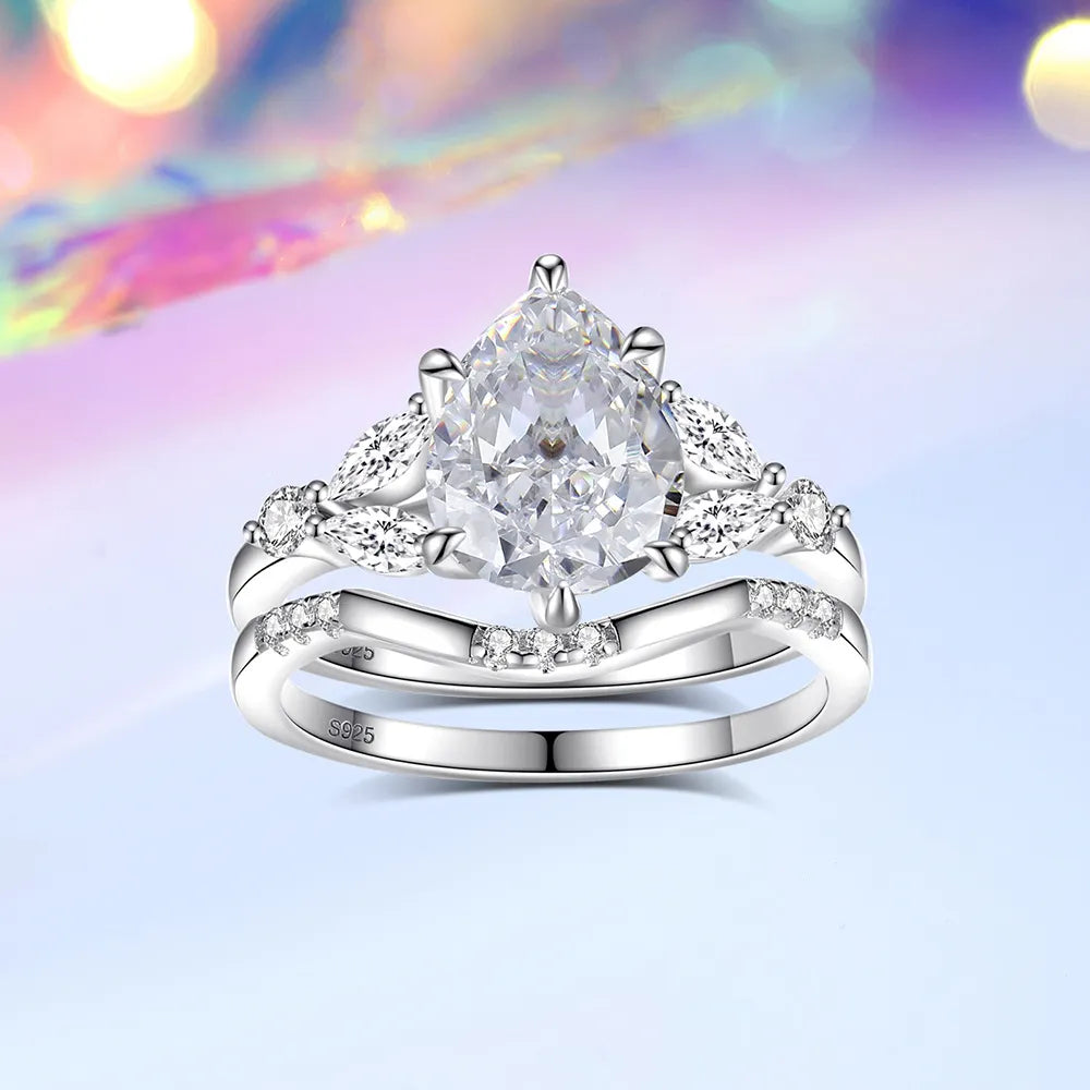 Crown Ring Set 925 Sterling Silver 2 Carat Pear Cut Cubic Zirconia Wide Band
