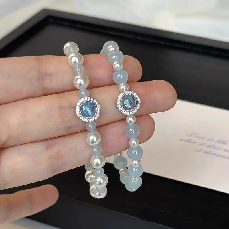 925 Sterling Silver Beaded Bracelet with Aquamarine and Imitation Pearl Beads