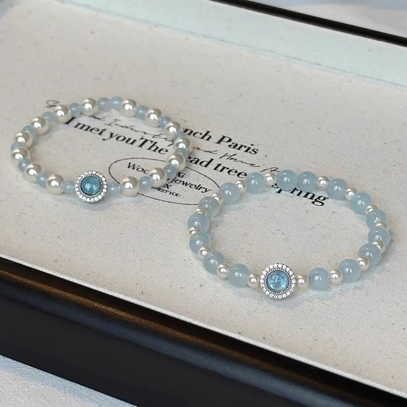 925 Sterling Silver Beaded Bracelet with Aquamarine and Imitation Pearl Beads
