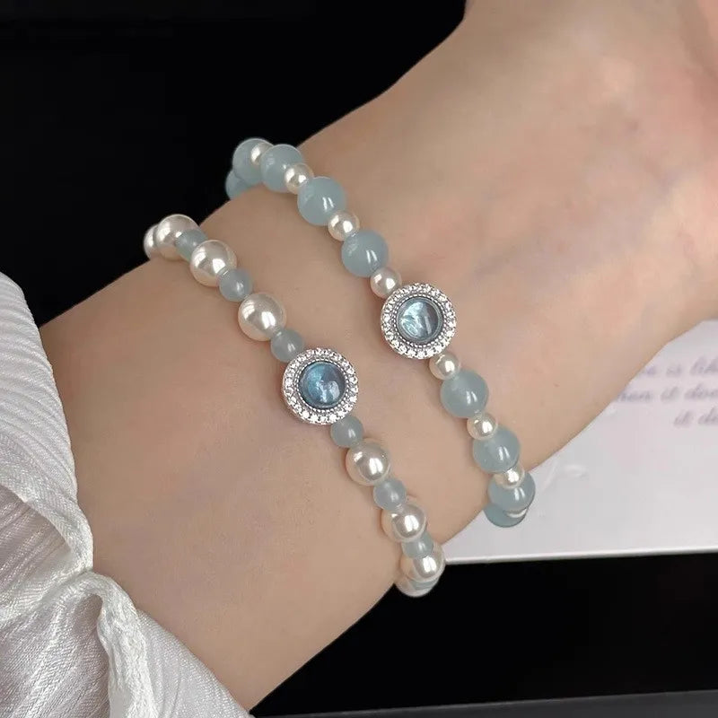 925 Sterling Silver Beaded Bracelet with Aquamarine and Imitation Pearl Beads
