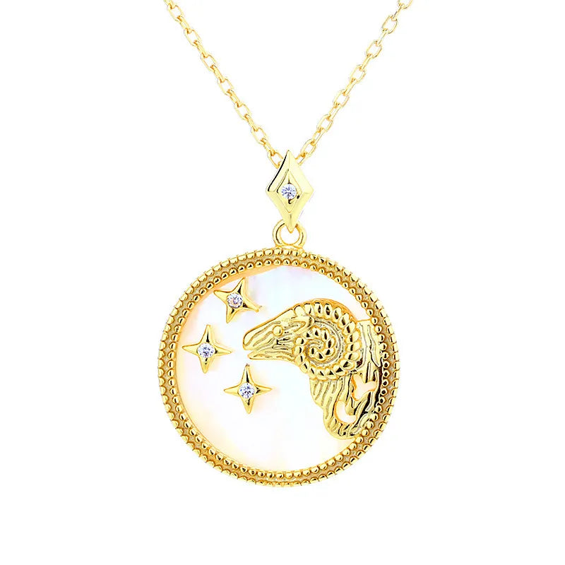 Zodiac Coin Pendant Necklace 925 Sterling Silver Gold
