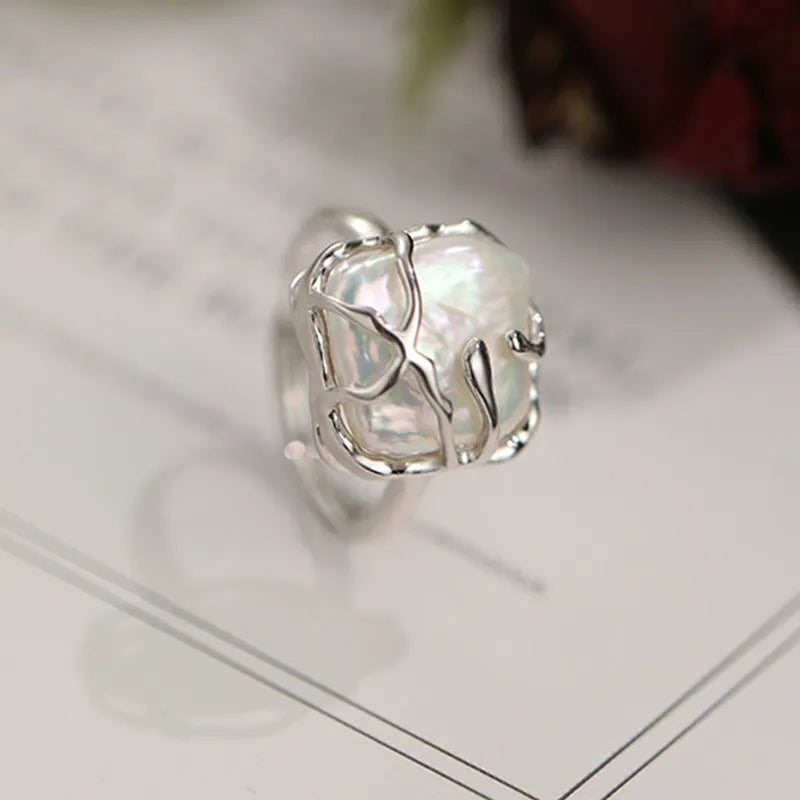 925 Sterling Silver Baroque Pearl Ring Adjustable for Women