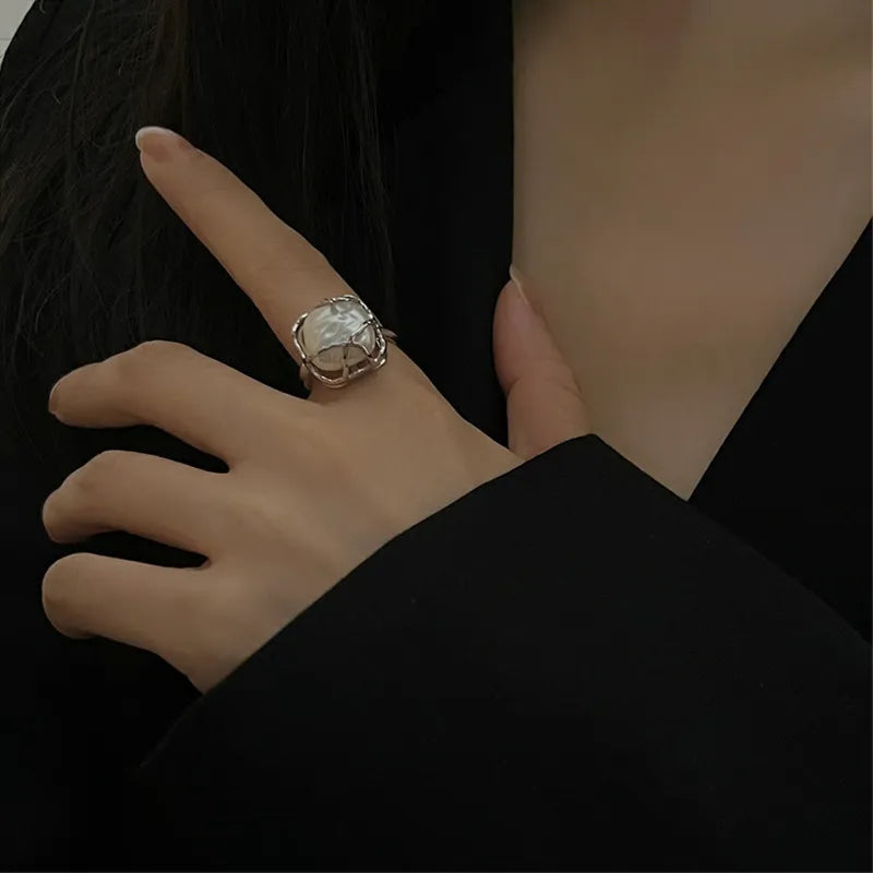 925 Sterling Silver Baroque Pearl Ring Adjustable for Women