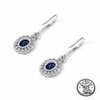 Blue Sapphire Drop Earrings in 925 Sterling Silver with Oval Halo