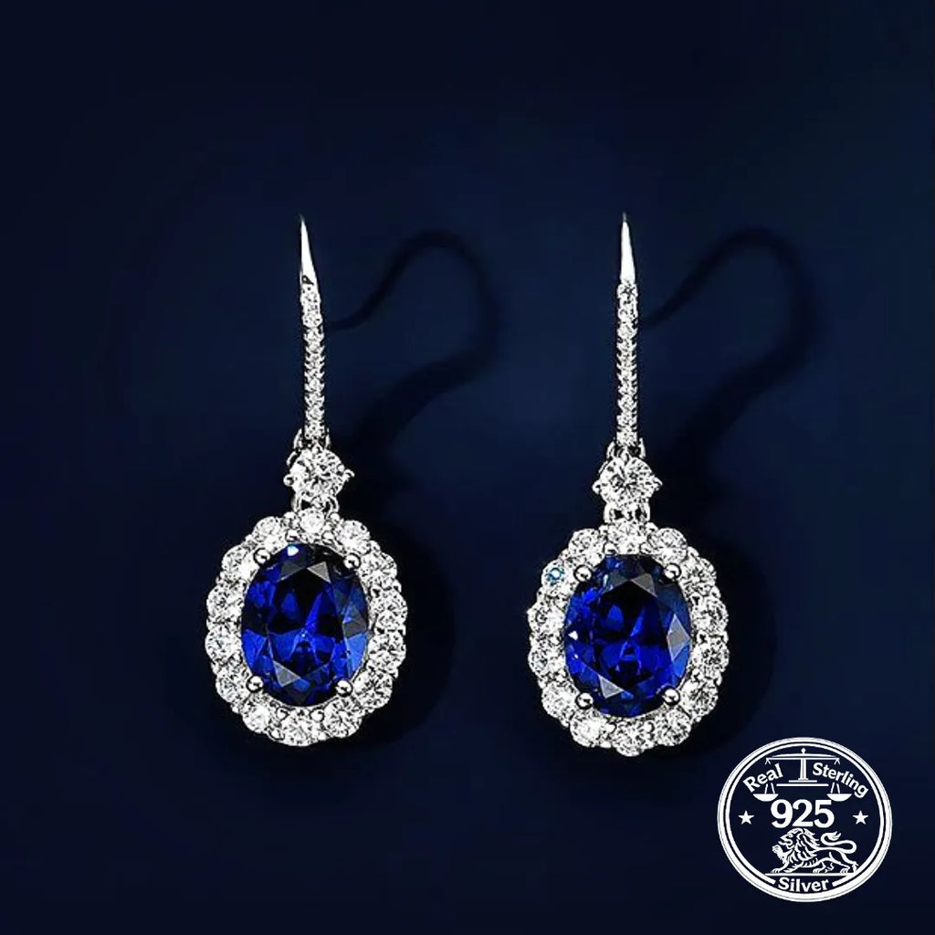 Blue Sapphire Drop Earrings in 925 Sterling Silver with Oval Halo