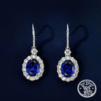 Blue Sapphire Drop Earrings in 925 Sterling Silver with Oval Halo
