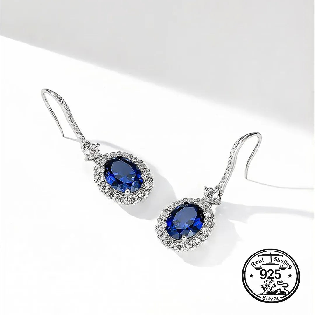 Blue Sapphire Drop Earrings in 925 Sterling Silver with Oval Halo