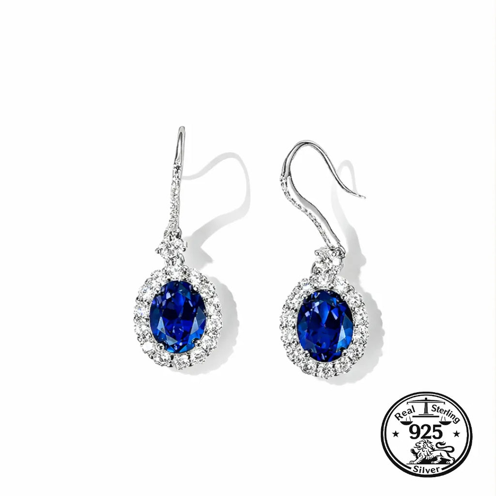 Blue Sapphire Drop Earrings in 925 Sterling Silver with Oval Halo