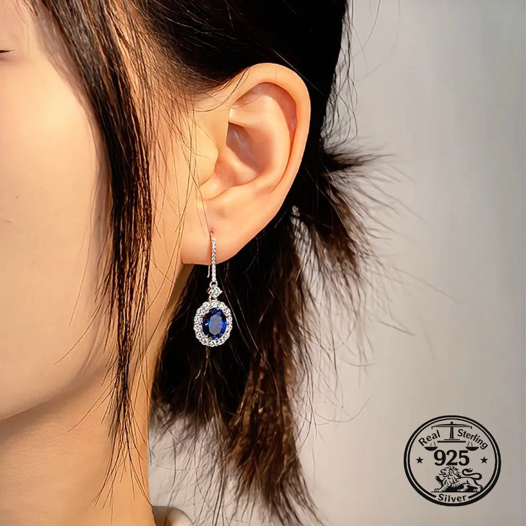 Blue Sapphire Drop Earrings in 925 Sterling Silver with Oval Halo